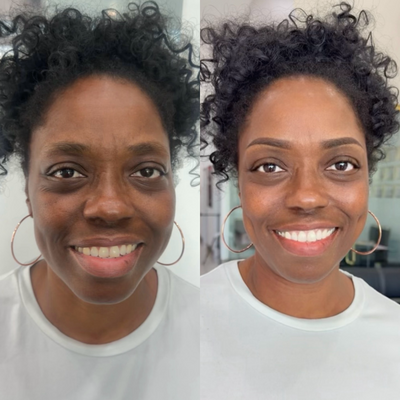 Before and after permanent makeup brows on smiling client, Murphy TX