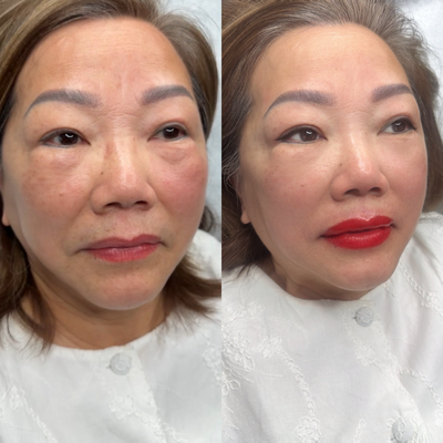 Before and after brows and lip blush on client, AM Permanent Makeup & Med Spa Murphy TX