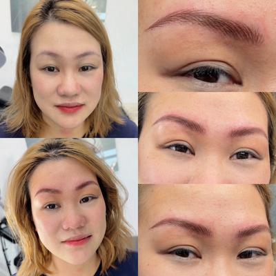 Eyebrow before and after collage: sparse brows to fuller nano hairstroke brows, Murphy TX